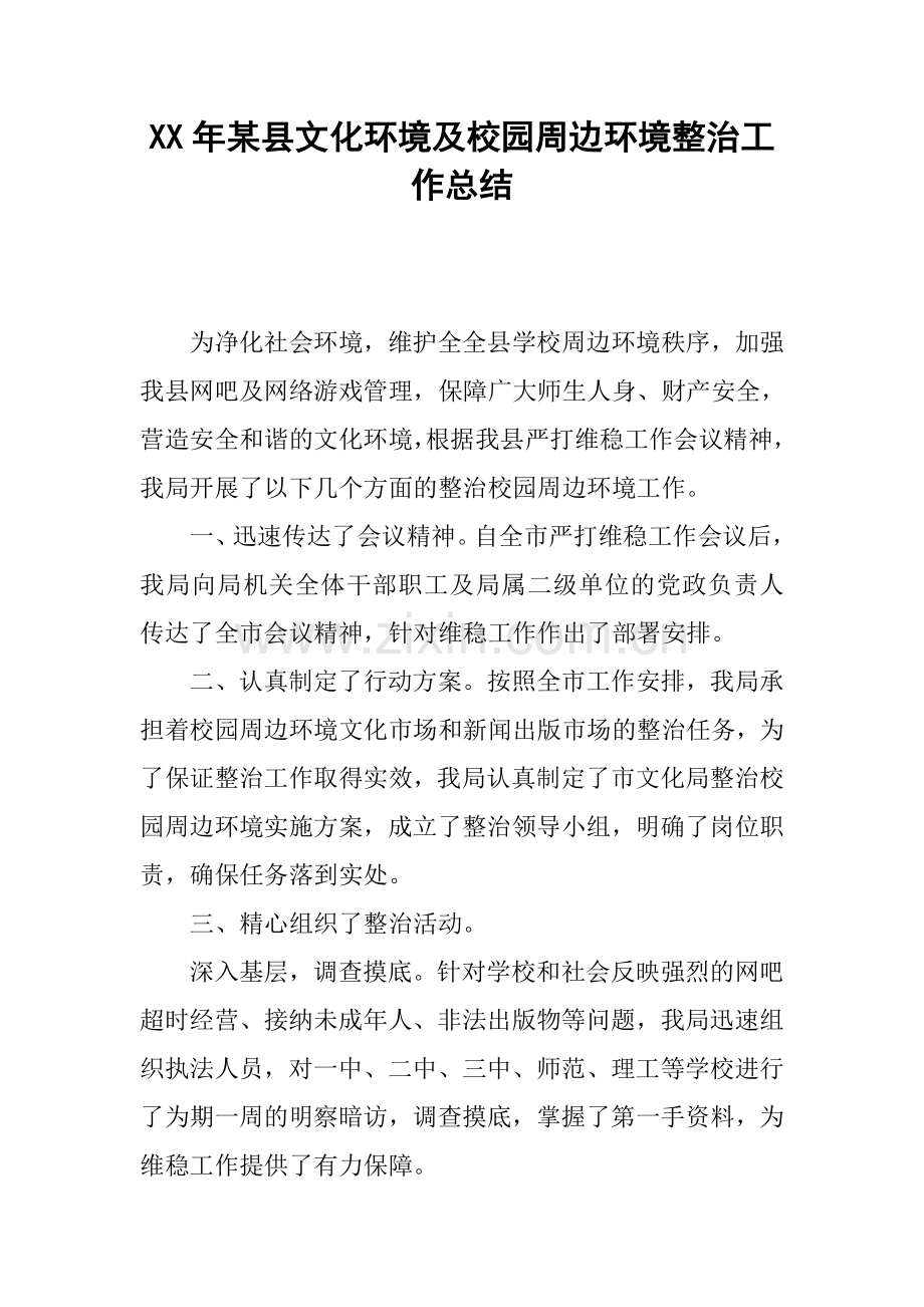 XX年某县文化环境及校园周边环境整治工作总结.doc_第1页