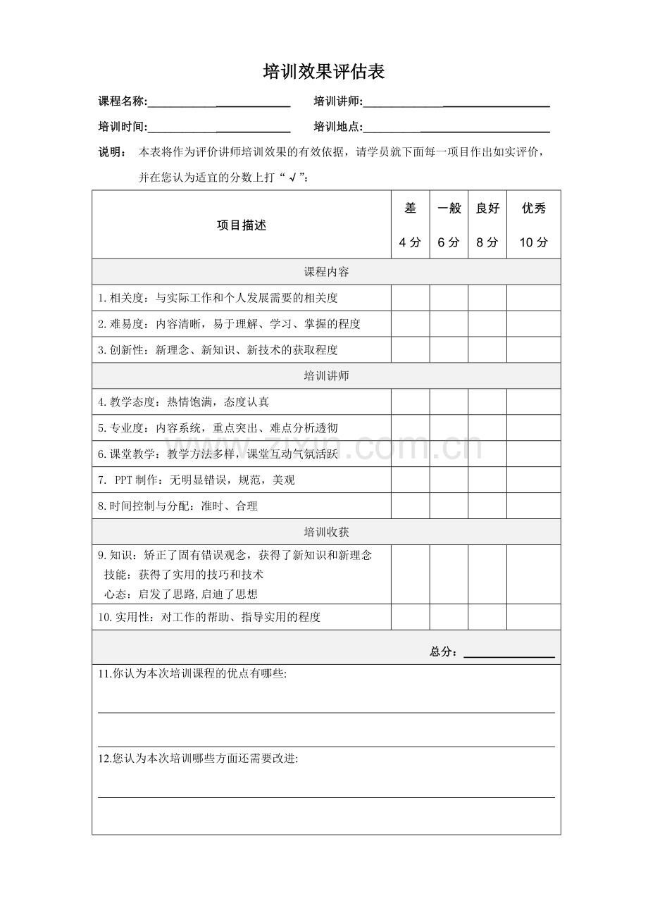 培训效果评估表及汇总评价表.doc_第1页