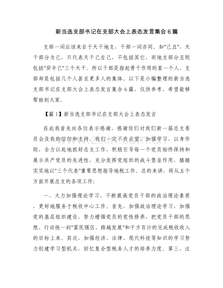 新当选支部书记在支部大会上表态发言集合6篇.docx_第1页