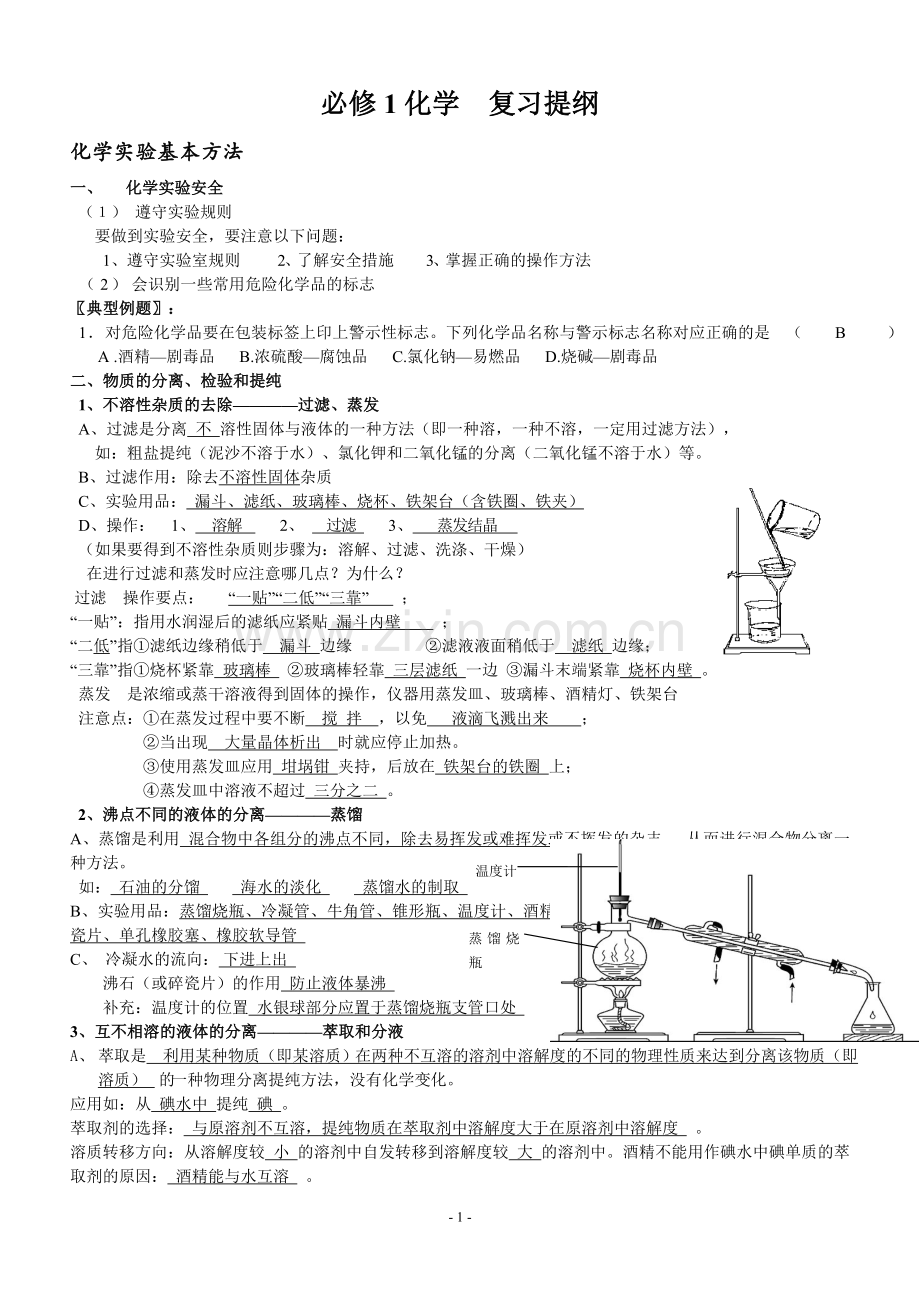 高中化学必修1复习提纲及典型例题.doc_第1页