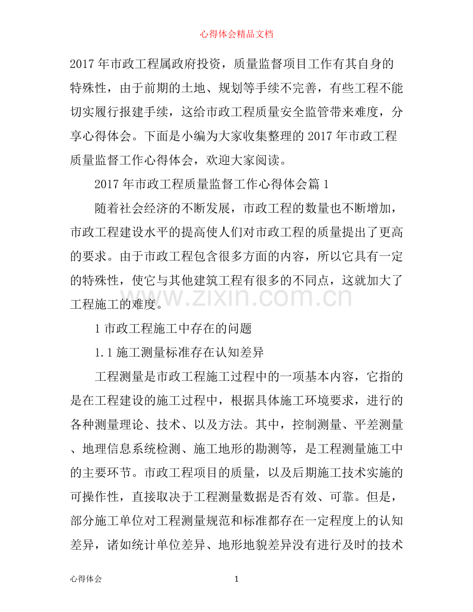 年市政工程质量监督工作心得体会.docx_第1页