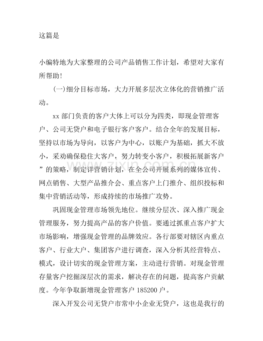 公司产品销售工作计划.docx_第1页