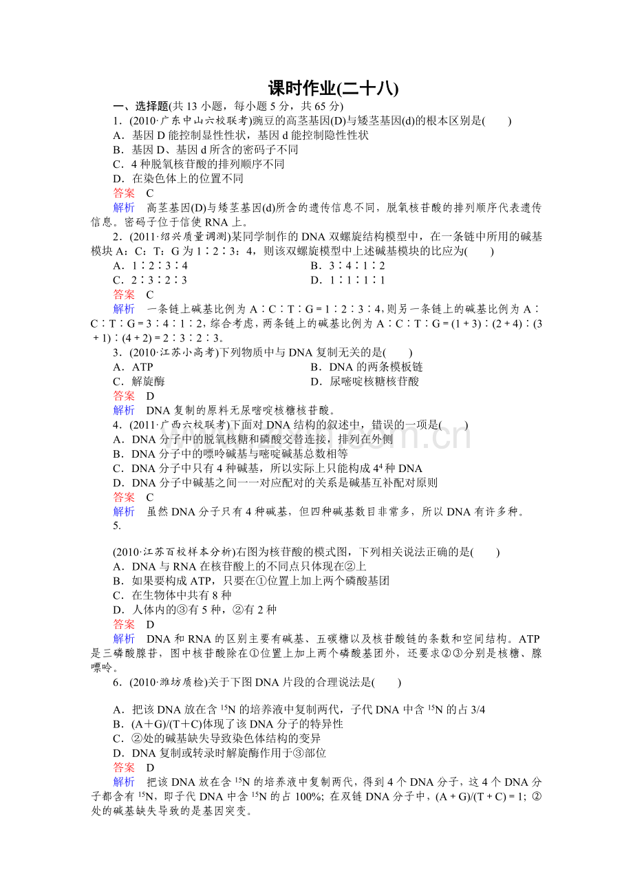 (大纲版)2012高三生物一轮复习同步辅导课后练习512DNA分子的结构和复制.doc_第1页