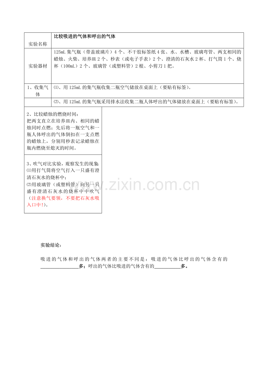 比较吸进的气体和呼出的气体实验记录.doc_第1页