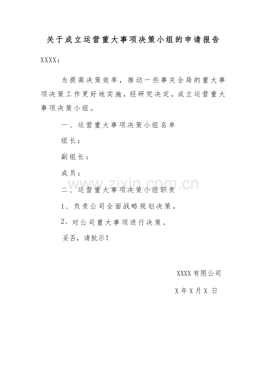 关于成立运营重大事项决策小组的申请报告.doc_第1页