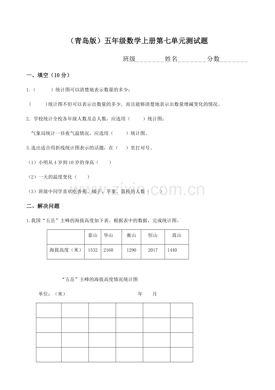 青岛版五年级数学上册第七单元测试题.doc_第1页