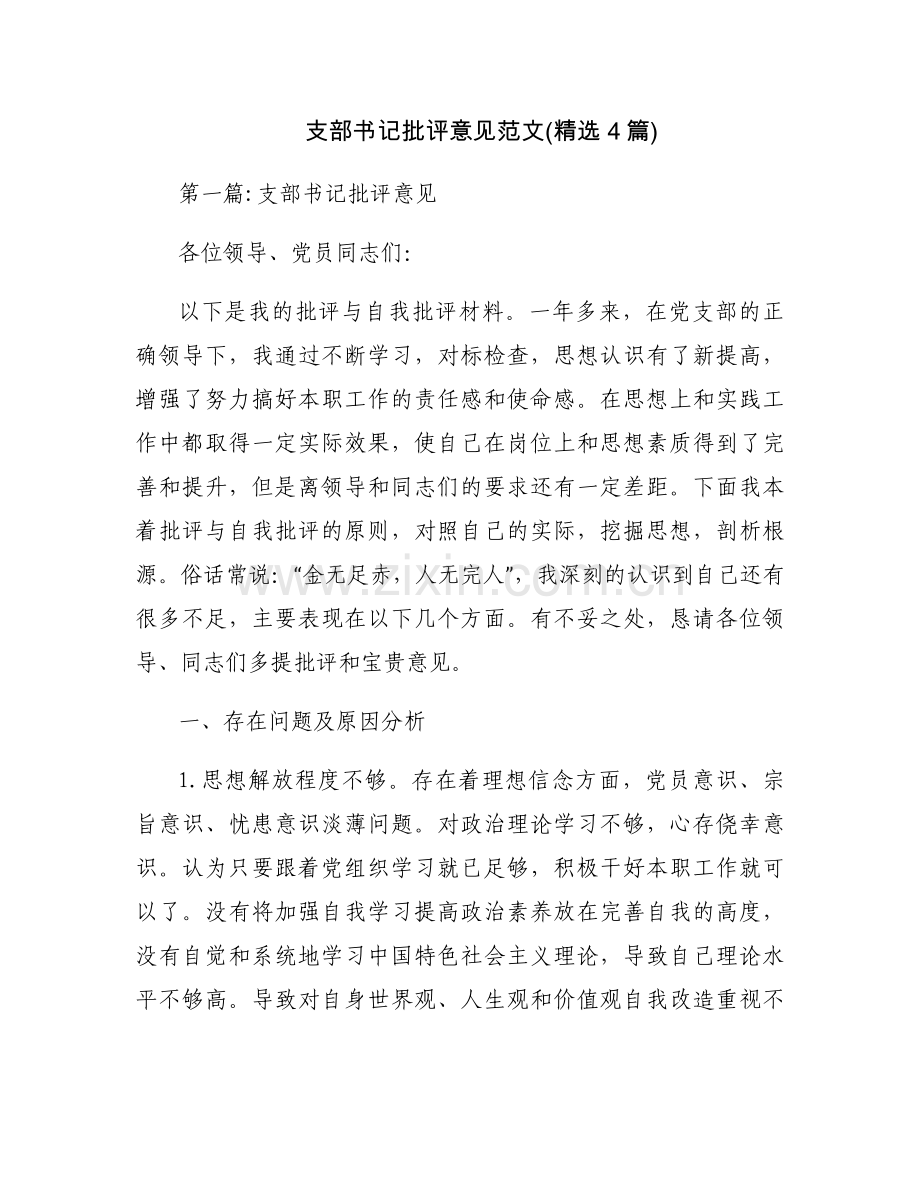 支部书记批评意见范文(4篇).docx_第1页