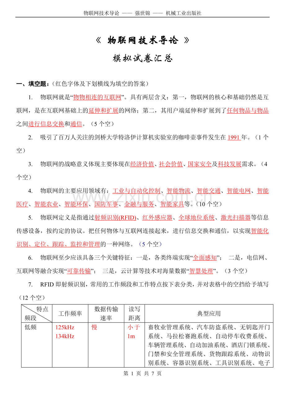 物联网技术导论模拟试题汇总(含答案).doc_第1页