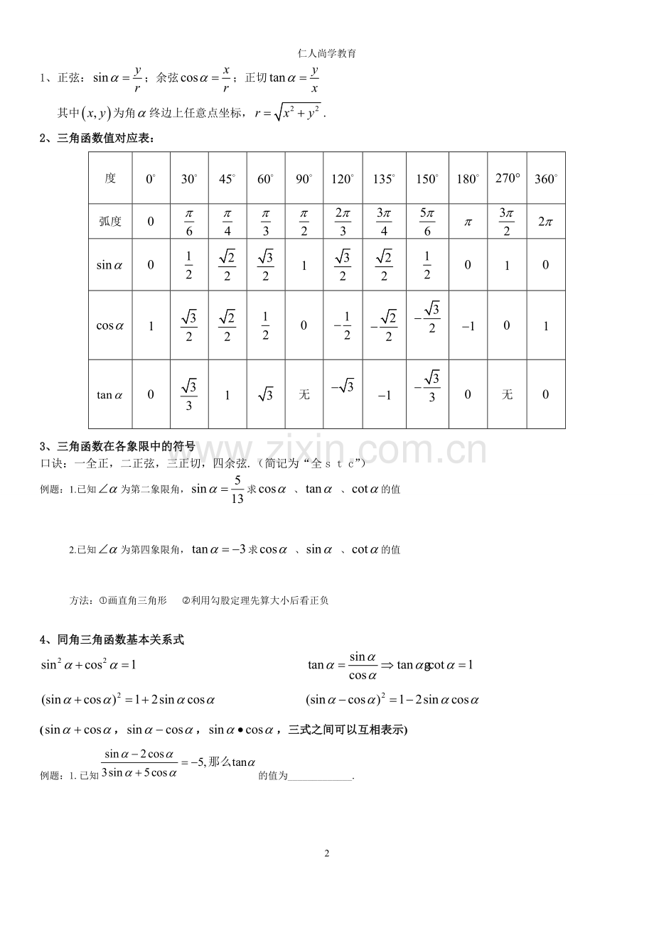 高一三角函数知识点加练习题.doc_第2页