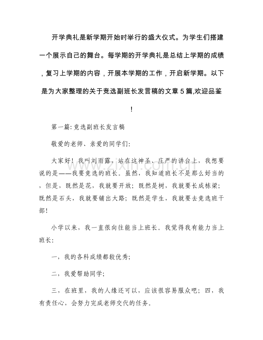 竞选副班长发言稿【五篇】.docx_第1页