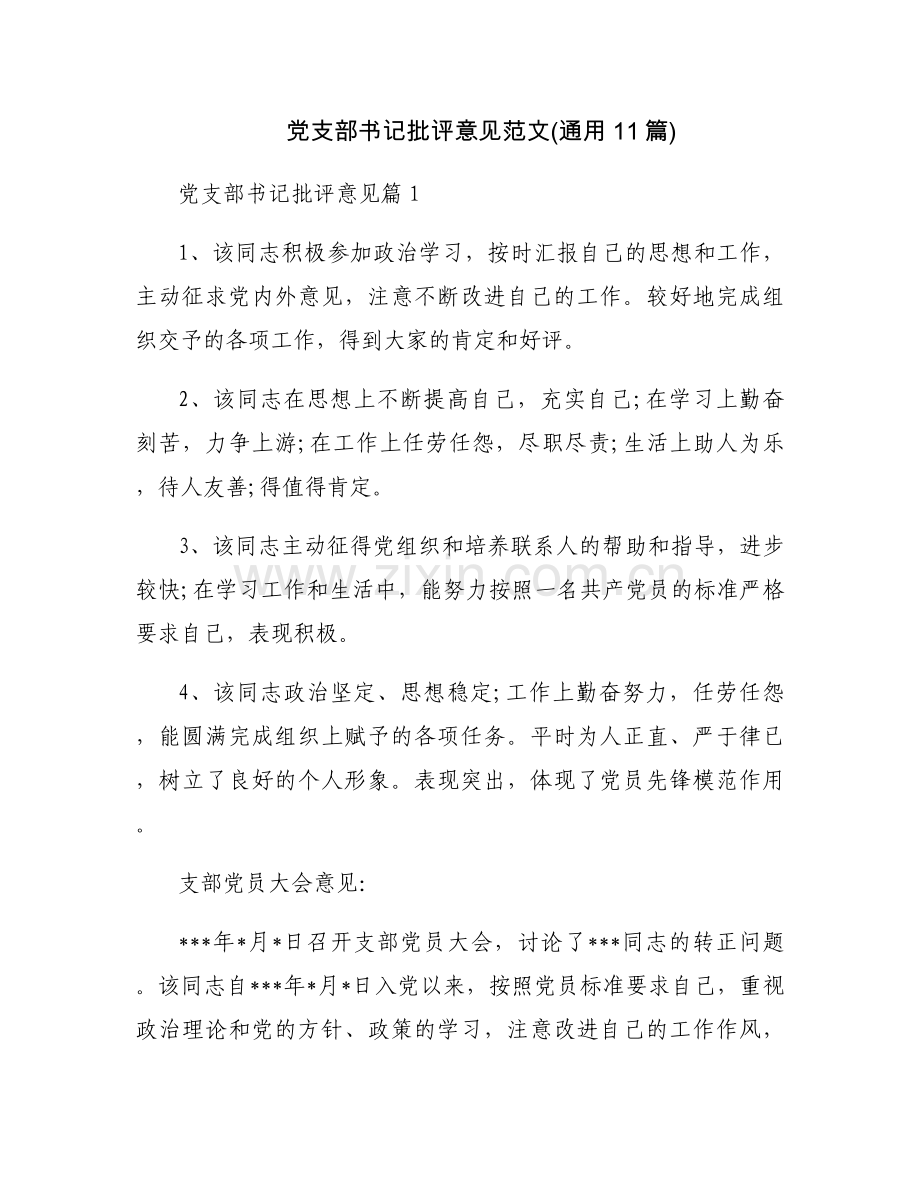 党支部书记批评意见范文(通用11篇).docx_第1页