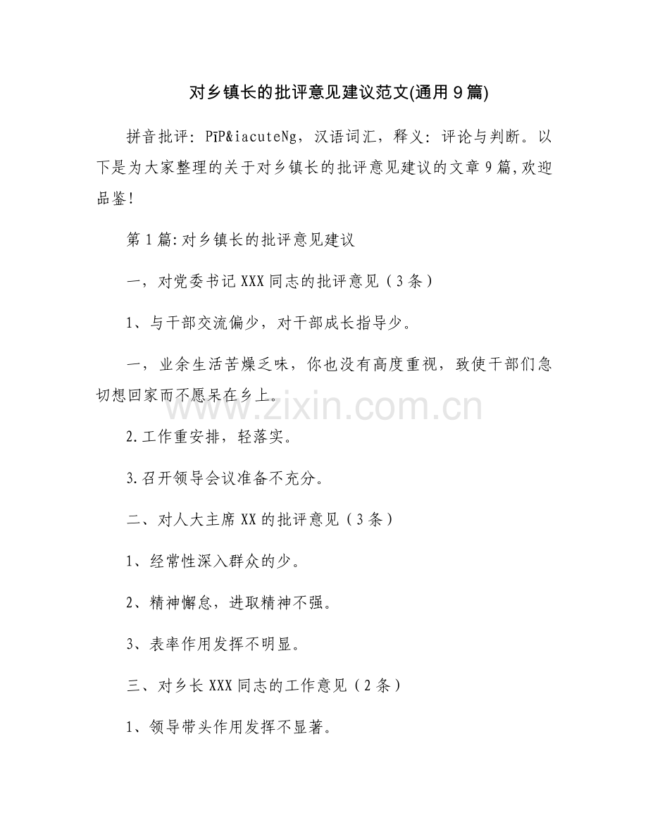 对乡镇长的批评意见建议范文(通用9篇).docx_第1页