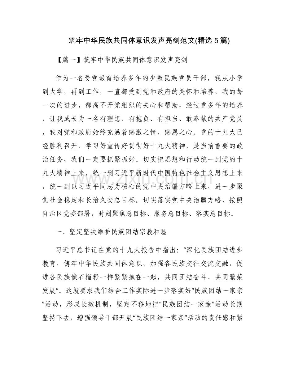 筑牢中华民族共同体意识发声亮剑范文(5篇).docx_第1页