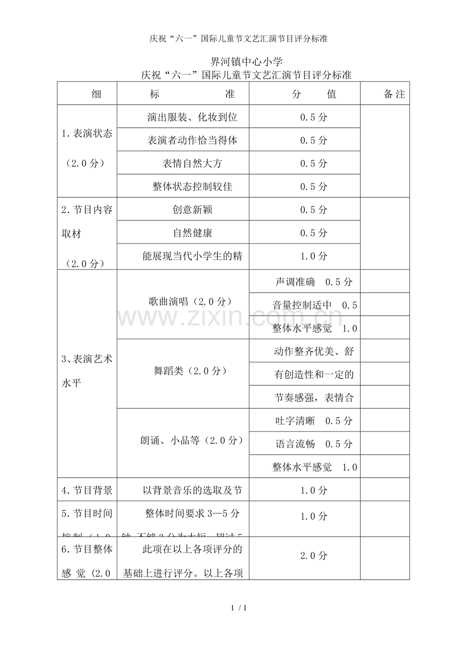 庆祝“六一”国际儿童节文艺汇演节目评分标准.doc_第1页