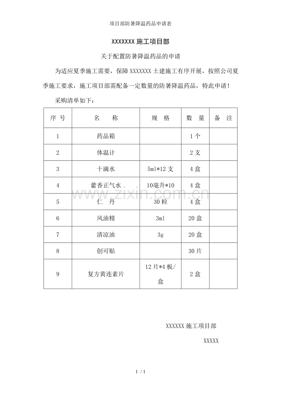 项目部防暑降温药品申请表.doc_第1页