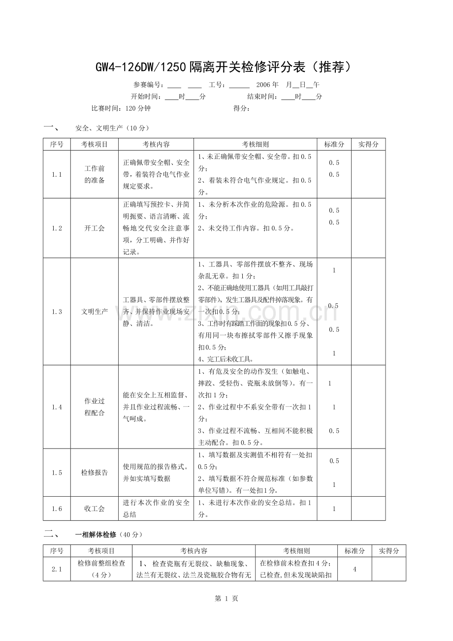 GW4-126隔离开关变电检修专业技能竞赛评分表(推荐).docx_第1页