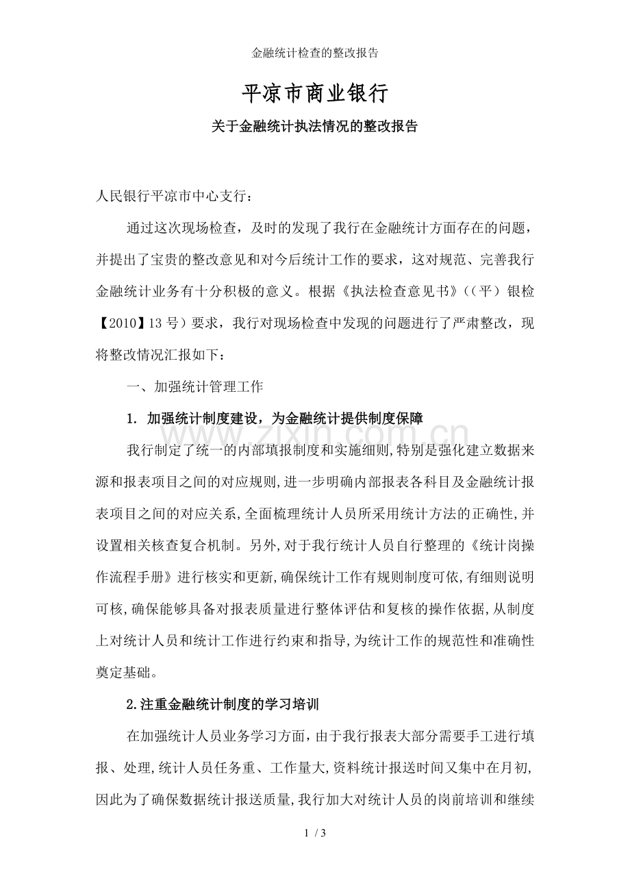 金融统计检查的整改报告.doc_第1页