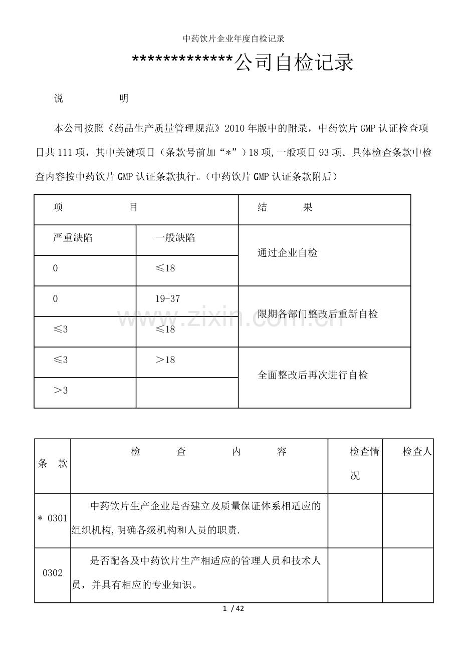 中药饮片企业年度自检记录.doc_第1页