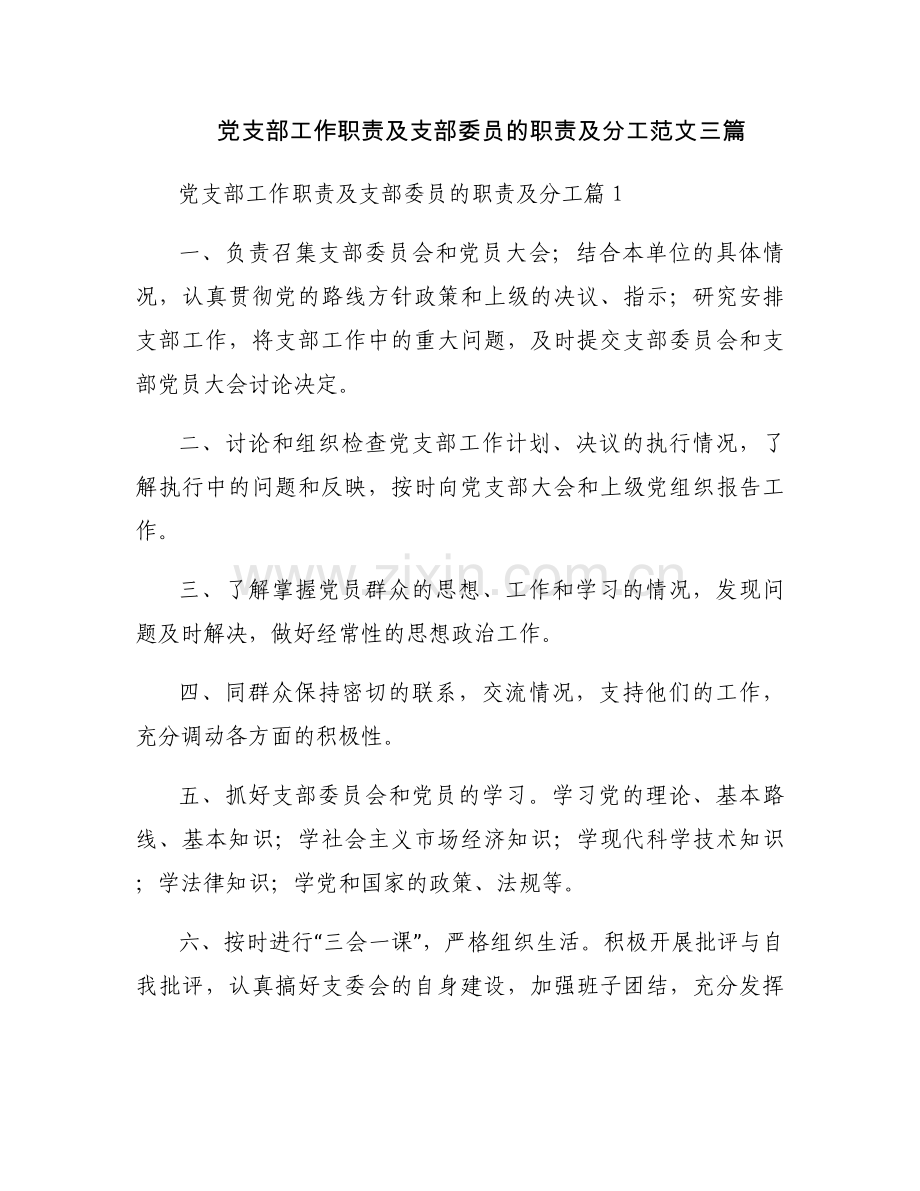 党支部工作职责及支部委员的职责及分工范文三篇.docx_第1页