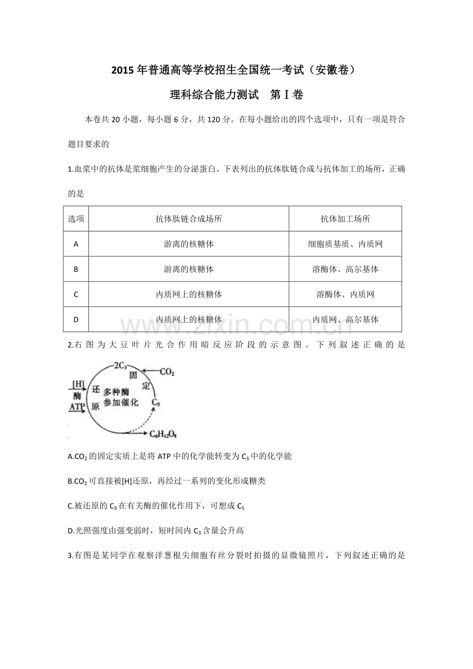 安徽2015年高考生物试卷及参考答案.doc_第1页