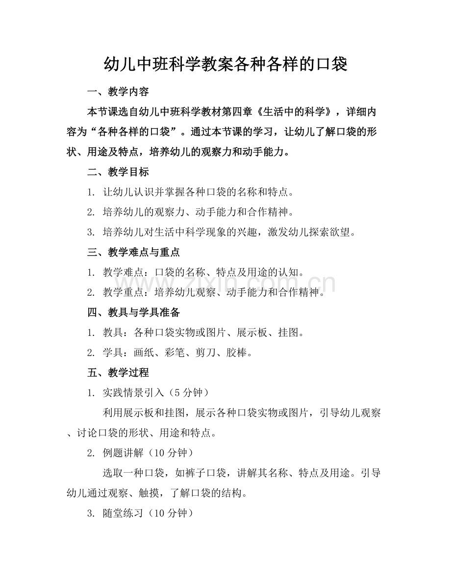 幼儿中班科学教案各种各样的口袋范例x.docx_第1页