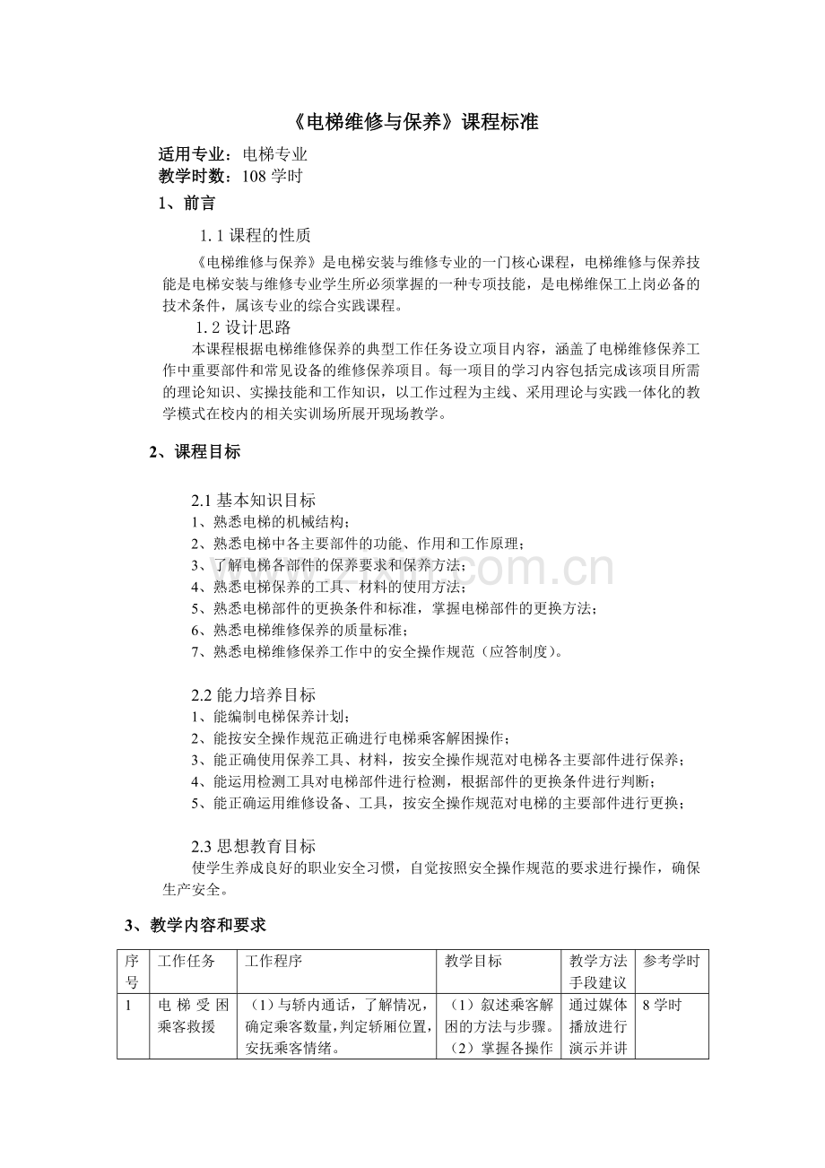电梯维修保养课程标准.doc_第1页