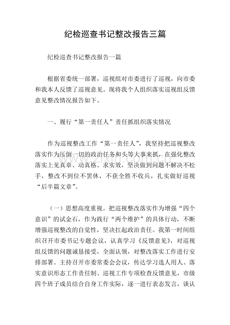 纪检巡查书记整改报告三篇.doc_第1页