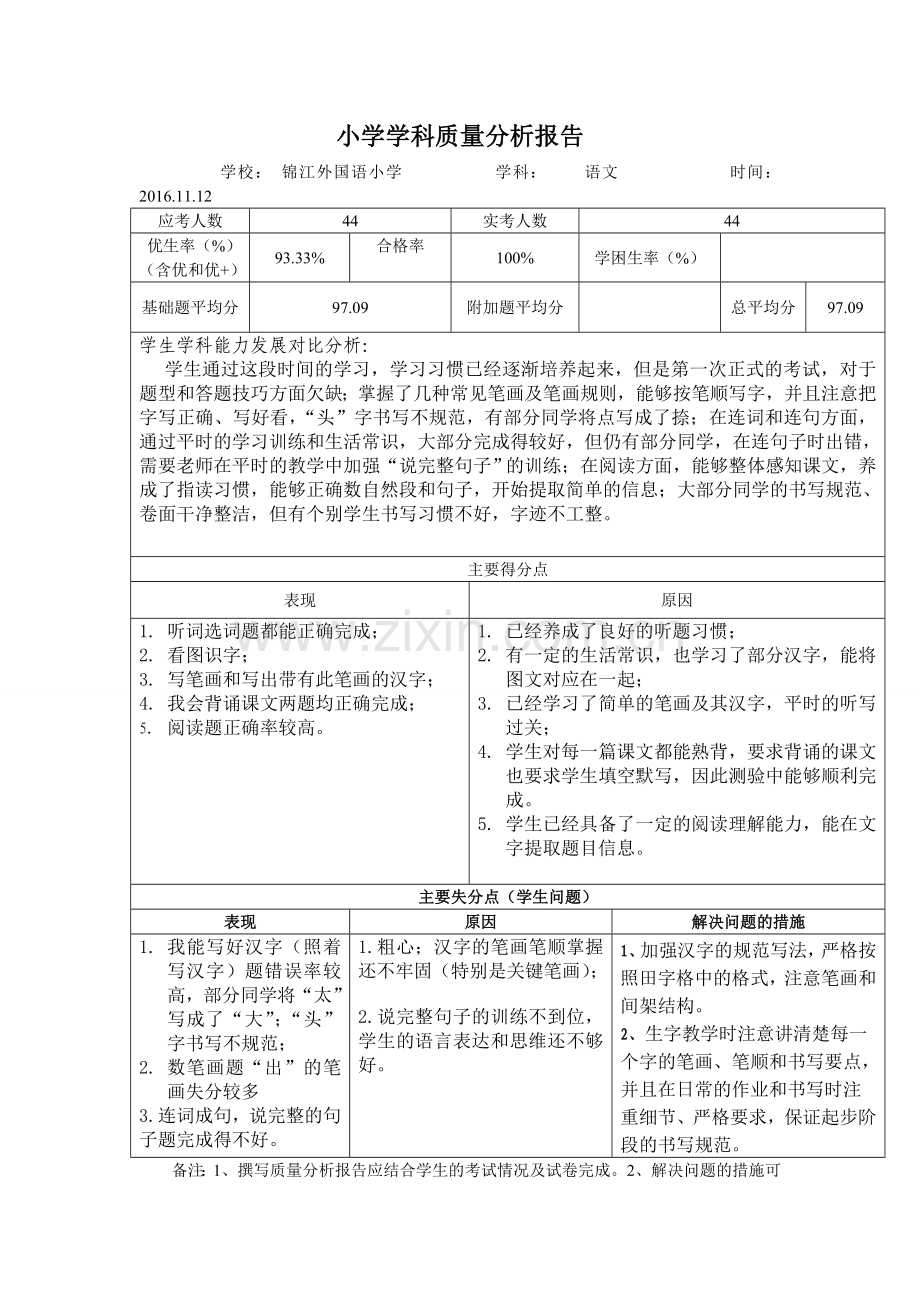 一年级语文质量分析报告.doc_第1页
