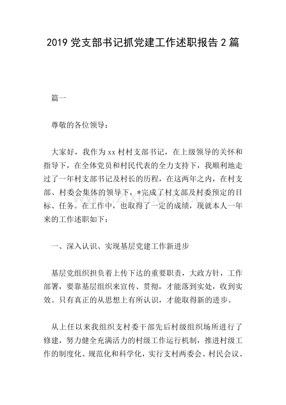 2019党支部书记抓党建工作述职报告2篇.doc_第1页