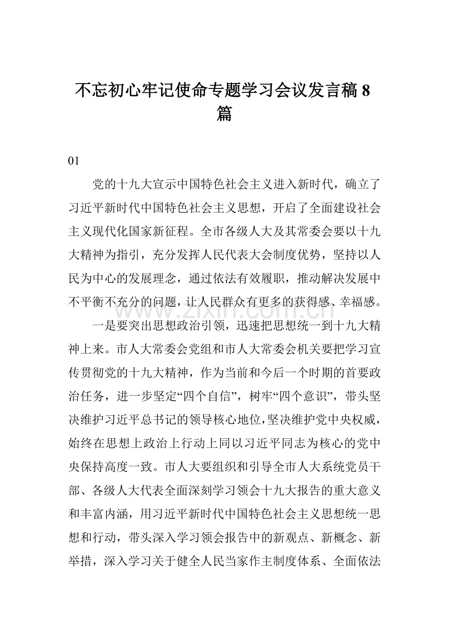 不忘初心牢记使命专题学习会议发言稿8篇.doc_第1页