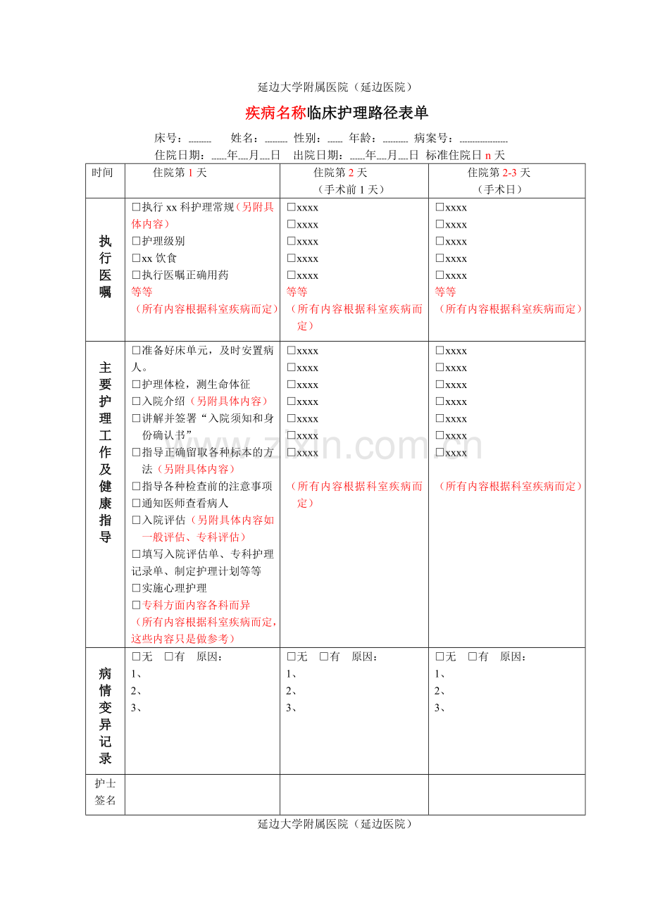 临床护理路径表单模板空表格.doc_第1页