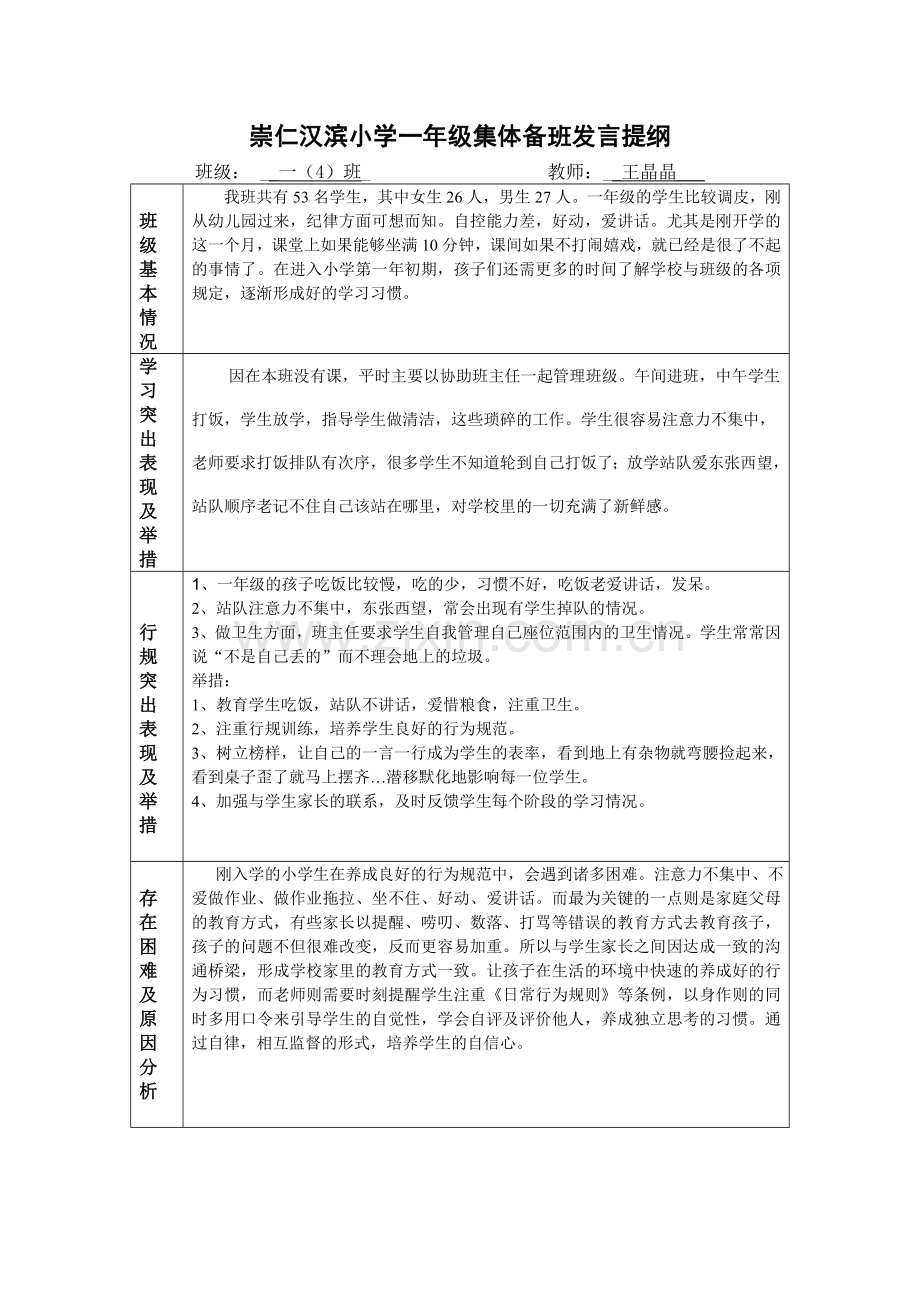 小学一年级集体备班发言提纲.doc_第1页