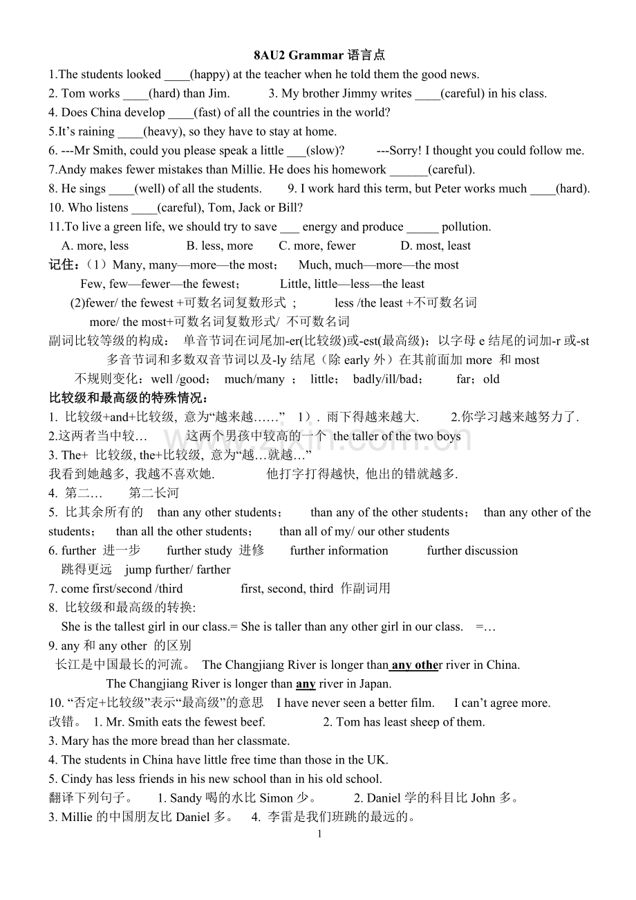 八年级上册英语(苏教版八年级)8AU2Grammar语言点.doc_第1页