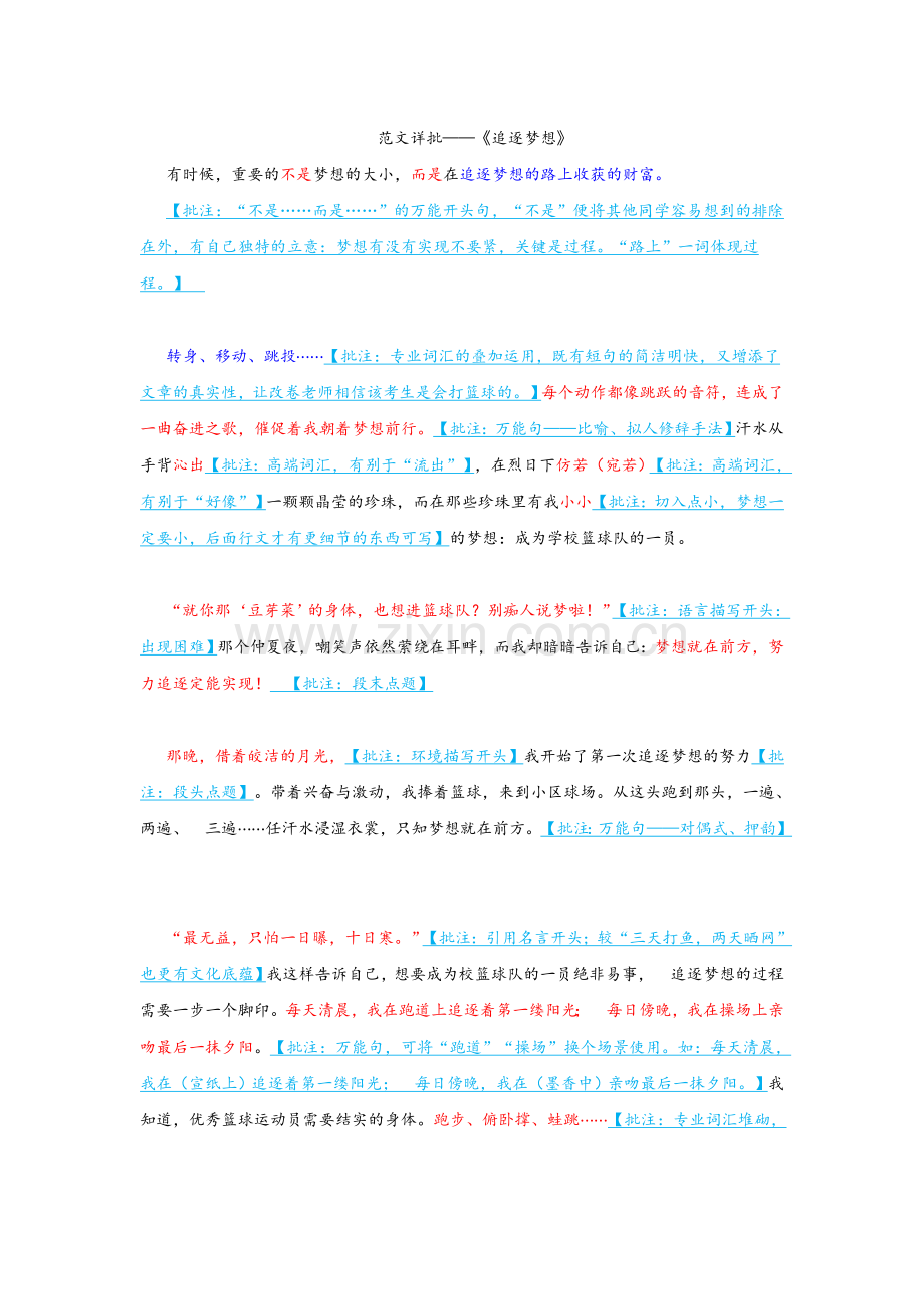 2019初中记叙文范文《追逐梦想》详批.doc_第1页