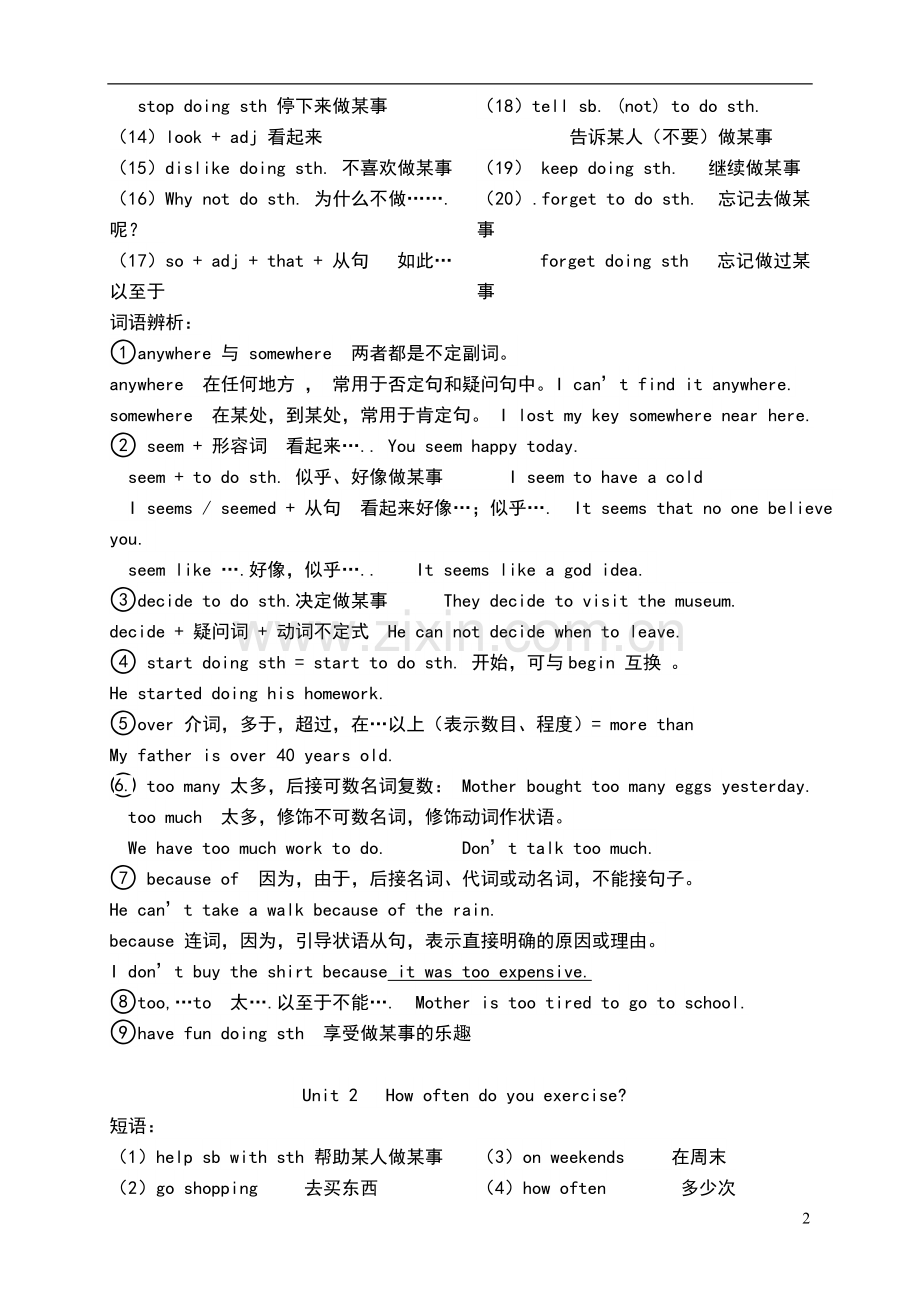 新人教版八年级上册英语重点知识点短语句型.doc_第2页