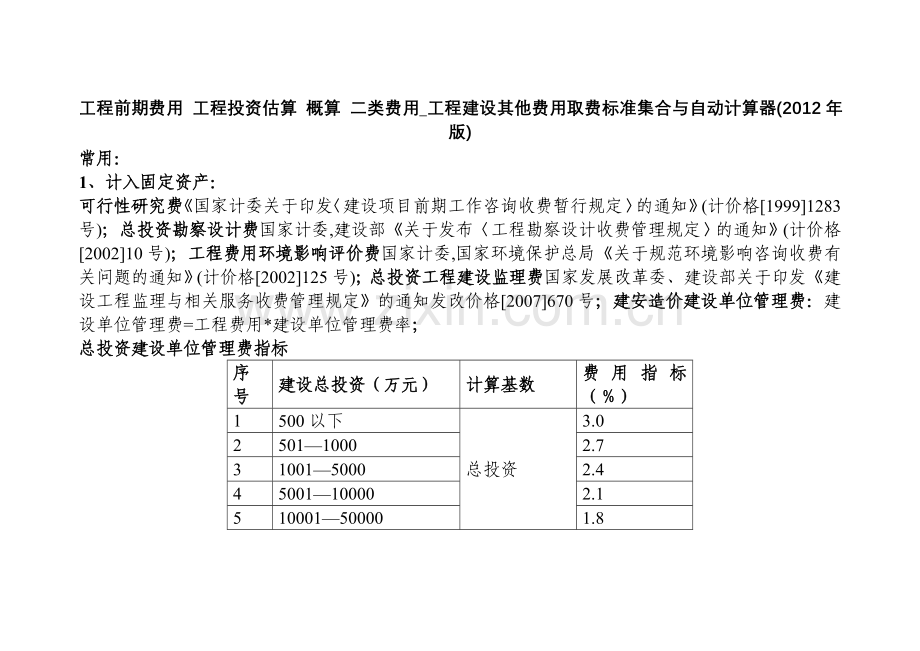 工程前期费用-工程投资估算-概算-二类费用-工程建设其他费用取费标准集合与自动计算器(2012年版).doc_第1页