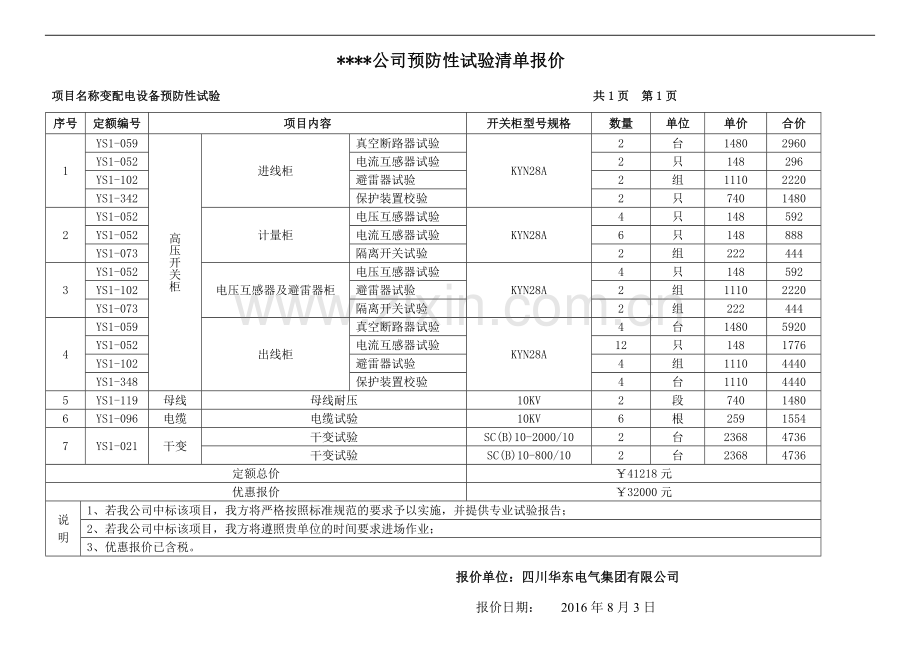 电气预防性试验清单报价.doc_第1页
