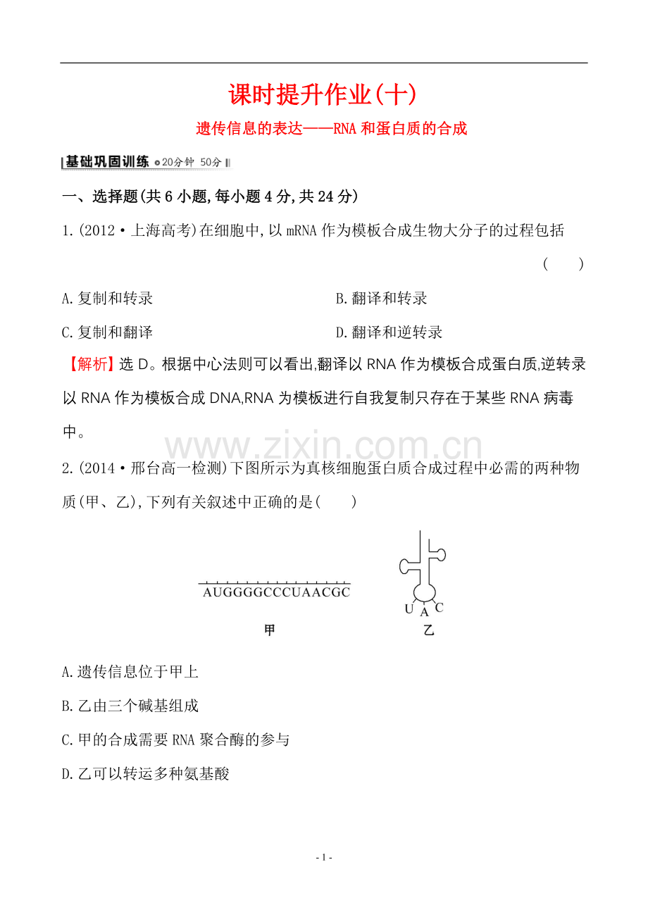 遗传信息的表达-课时作业(十)汇总.doc_第1页