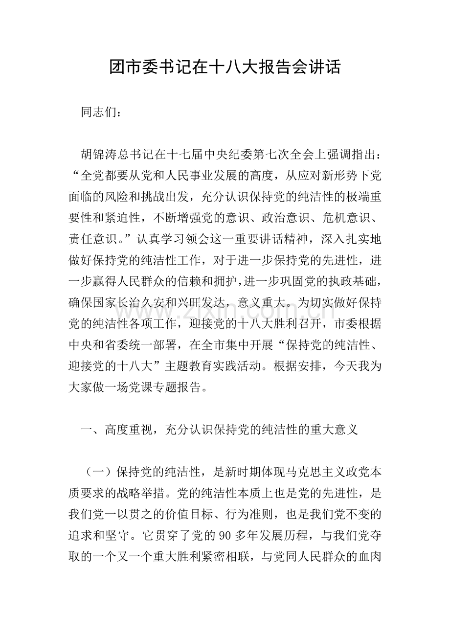 团市委书记在十八大报告会讲话.doc_第1页