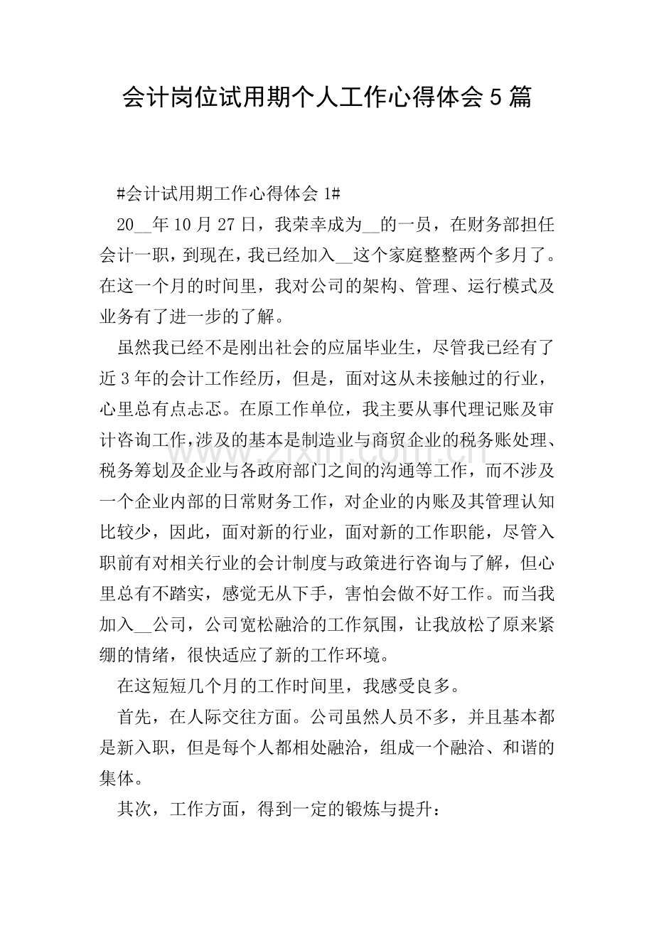 会计岗位试用期个人工作心得体会5篇.doc_第1页