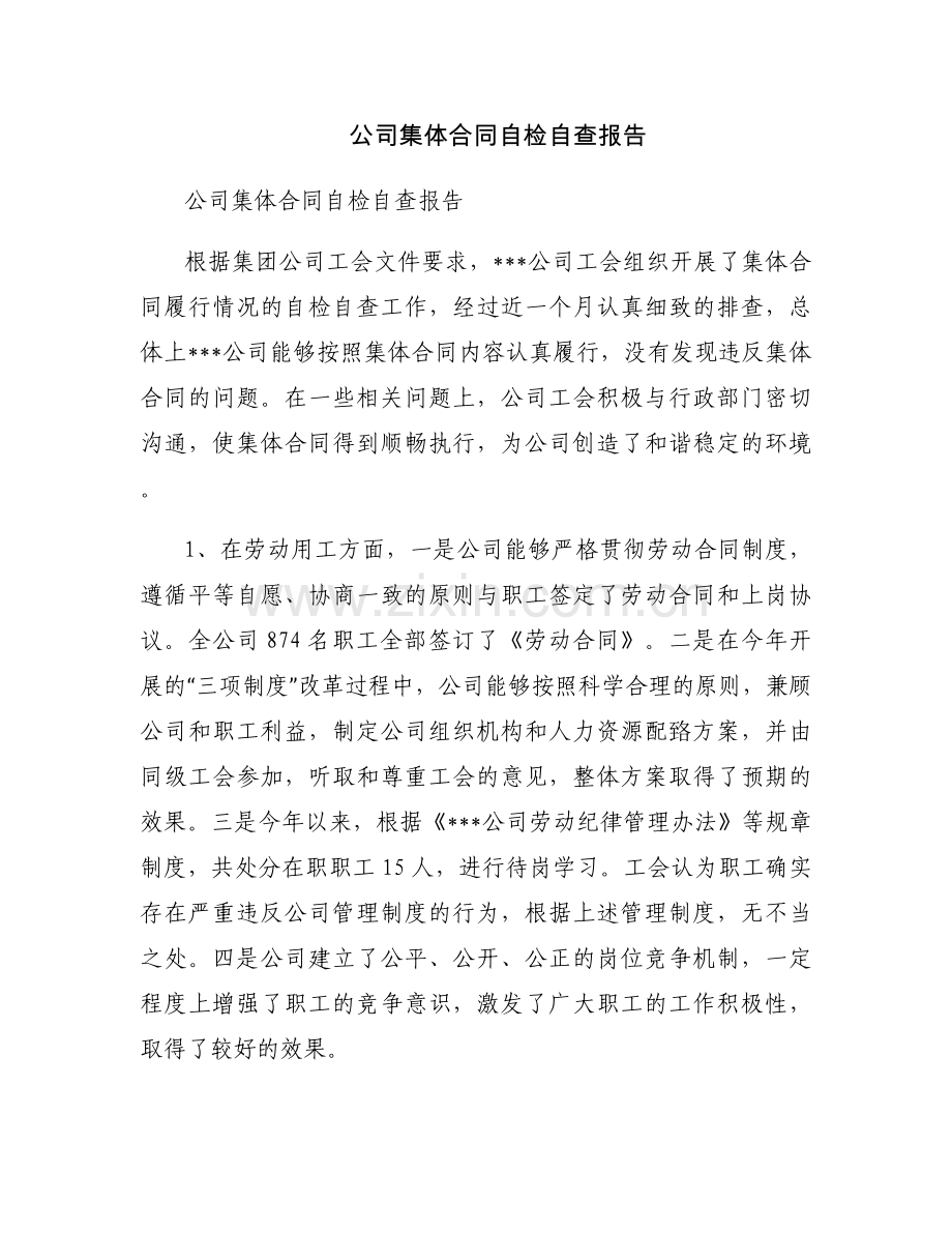 公司集体合同自检自查报告.docx_第1页