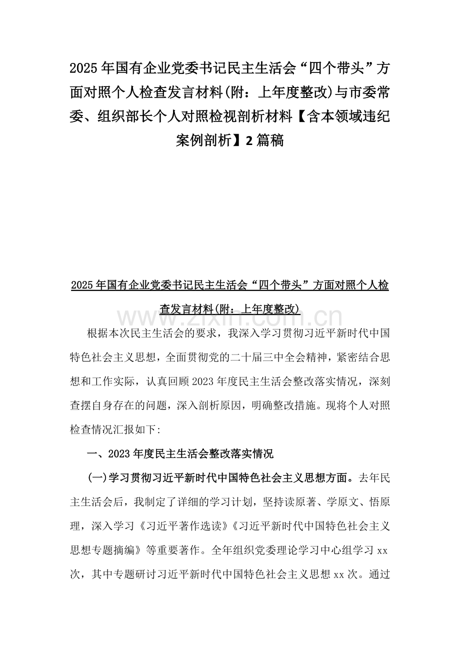 2025年国有企业党委书记民主生活会“四个带头”方面对照个人检查发言材料(附：上年度整改)与市委常委、组织部长个人对照检视剖析材料【含本领域违纪案例剖析】2篇稿.docx_第1页