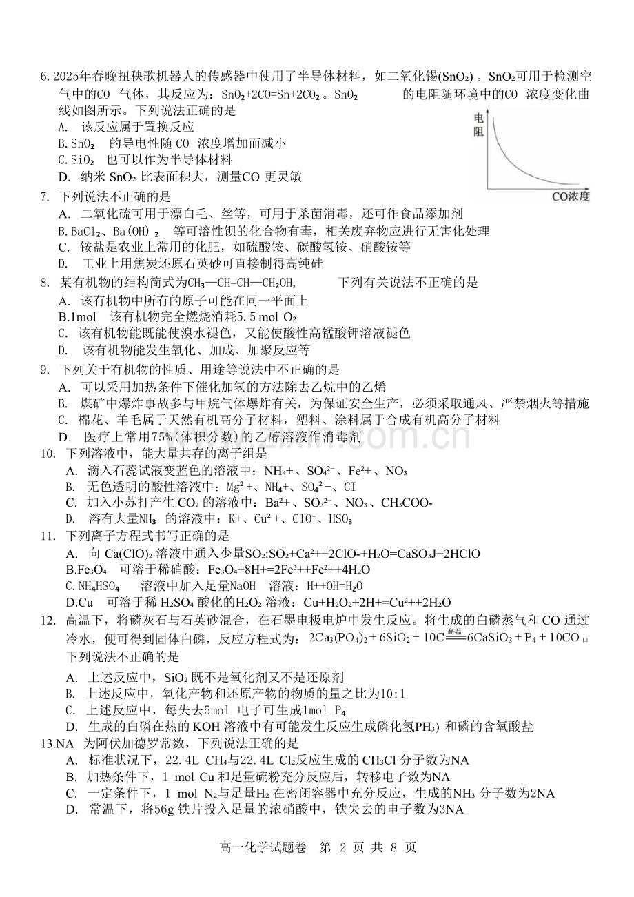 浙江省杭州地区（含周边）重点中学2024-2025学年高一下学期期中考试化学试卷（含答案）.docx_第2页
