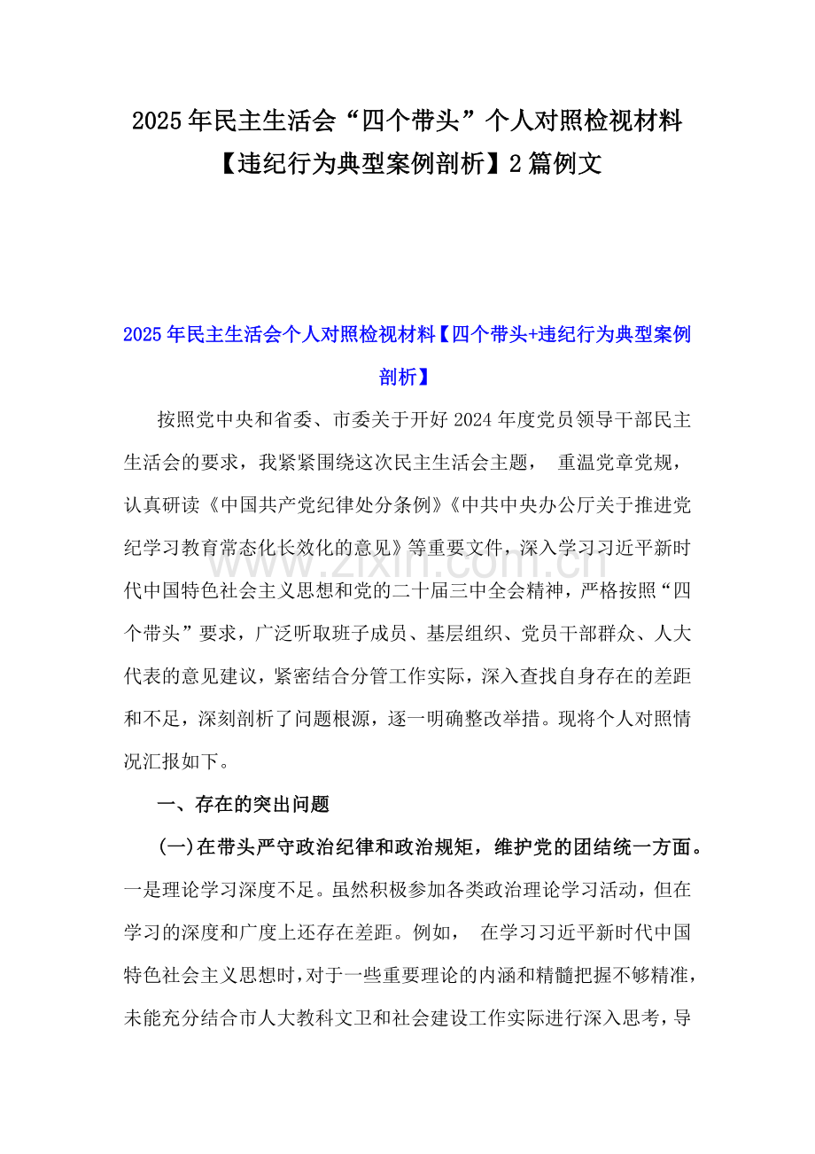2025年民主生活会“四个带头”个人对照检视材料【违纪行为典型案例剖析】2篇例文.docx_第1页