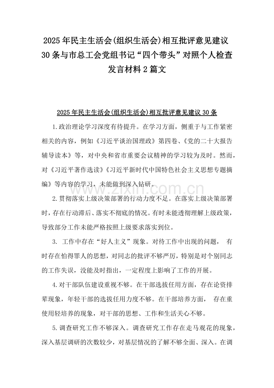 2025年民主生活会(组织生活会)相互批评意见建议30条与市总工会党组书记“四个带头”对照个人检查发言材料2篇文.docx_第1页