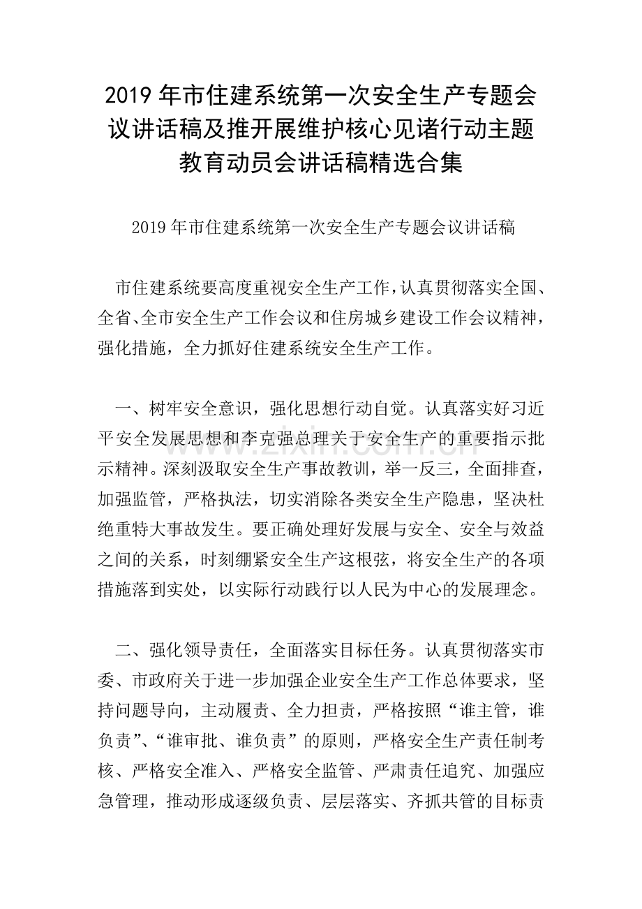 2019年市住建系统第一次安全生产专题会议讲话稿及推开展维护核心见诸行动主题教育动员会讲话稿合集.doc_第1页