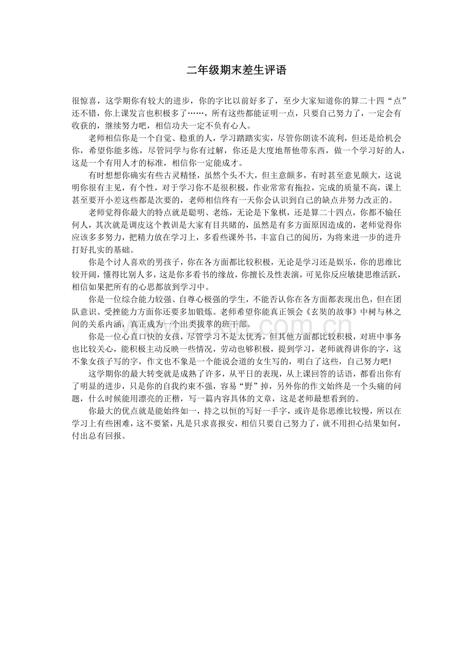 二年级期末差生评语.doc_第1页