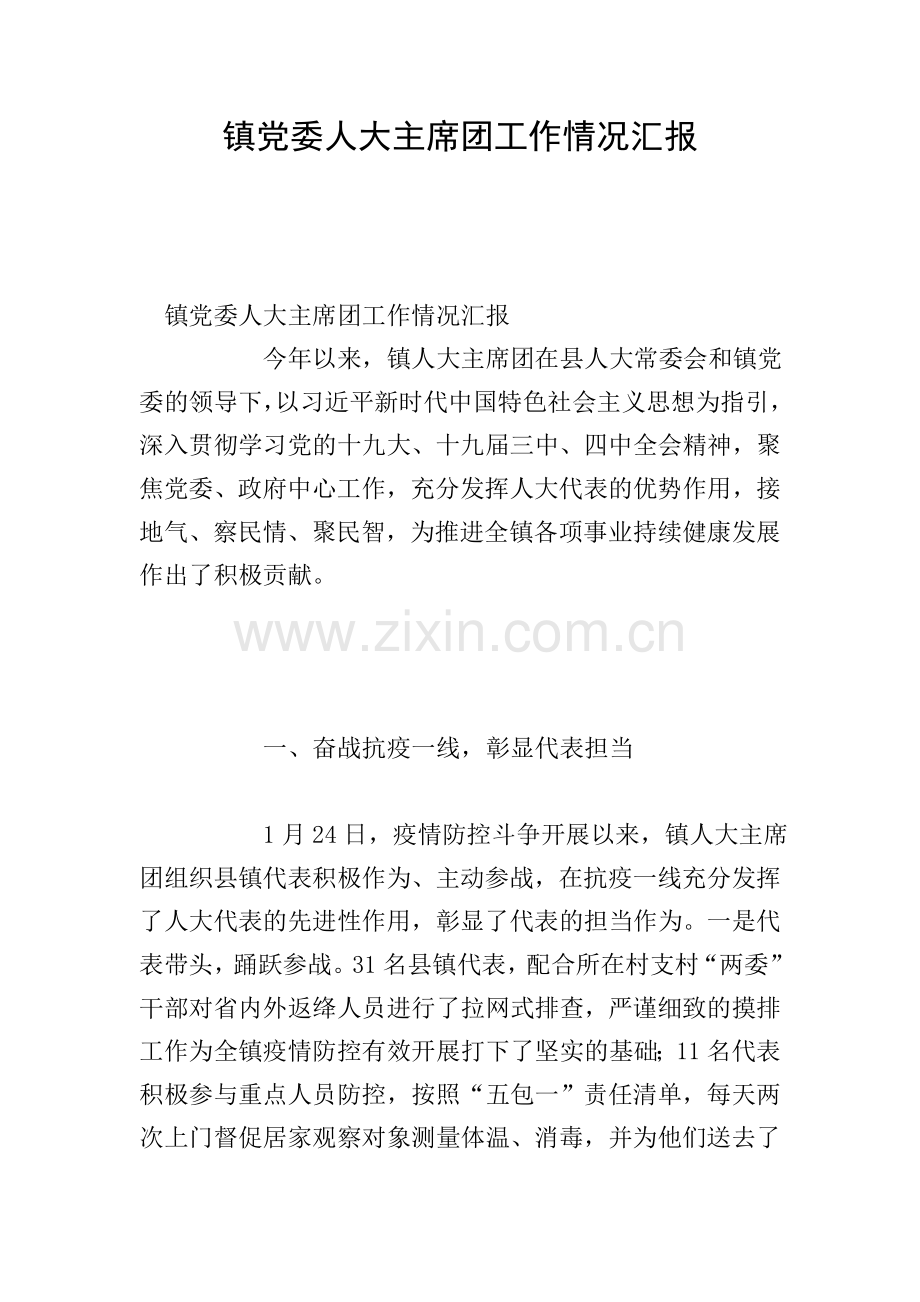 镇党委人大主席团工作情况汇报.doc_第1页