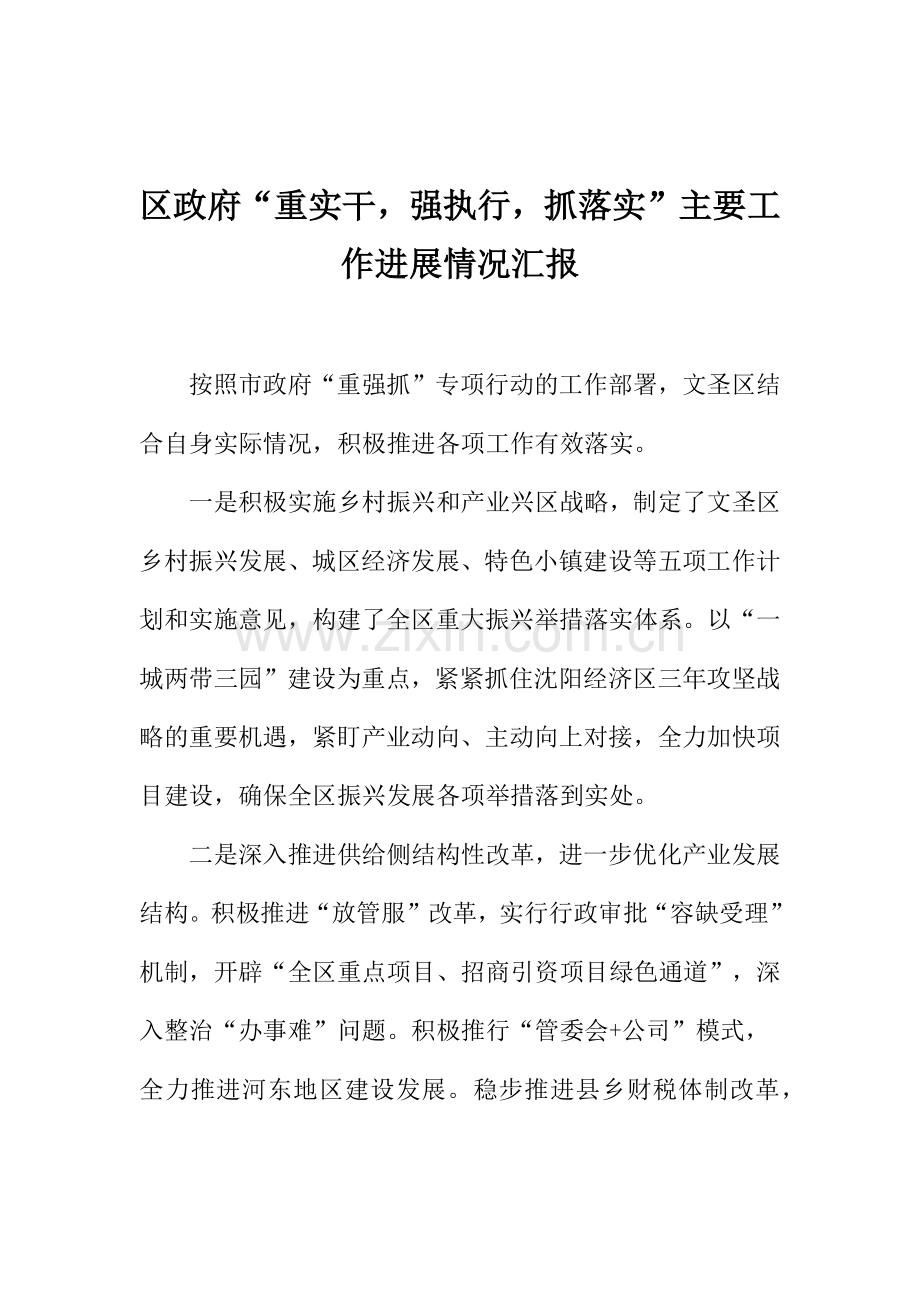 区政府“重实干-强执行-抓落实”主要工作进展情况汇报.docx_第1页