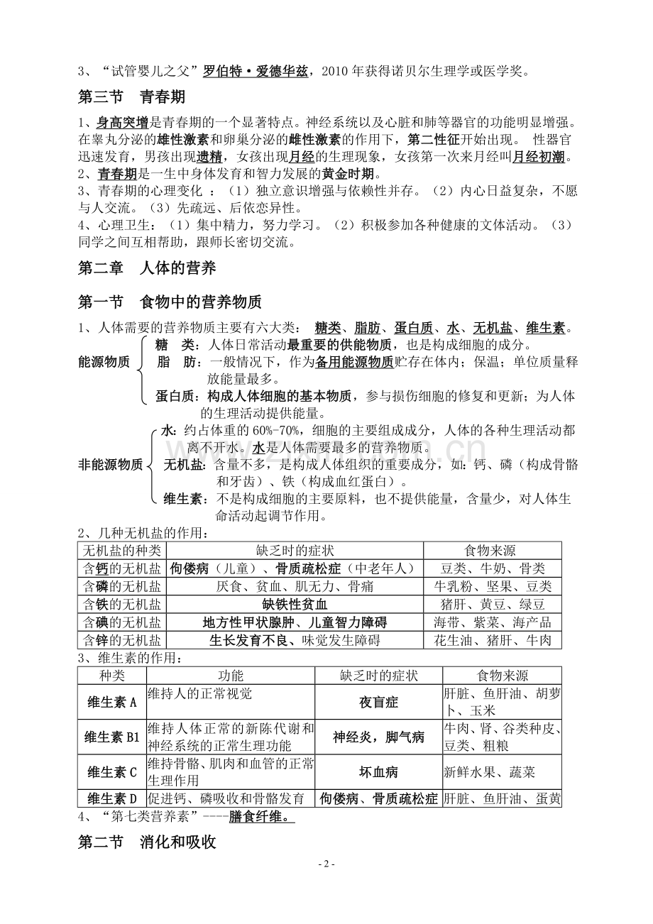 七年级下册生物学知识点汇总汇总.doc_第2页